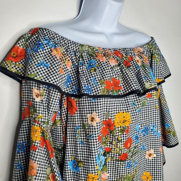 Zara Womens Floral Gingham Off The Shoulder Ruffle Mini Dress Size S Bell Sleeve - Picture 2 of 11